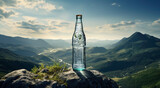 Fototapeta  - a bottle of water sits on the edge of a rock and has the mountains in the background
