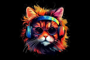 Canvas Print - Hipster cat listening to music in headphones and sunglasses. Cute furry feline in trendy outfit. Vector illustration for apparel, accessories, and home decor.