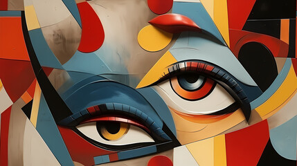 Wall Mural - Modern face eye seamless pattern in the style of Cubism, Neoplasticism and Bauhaus. Perfect for design, printing, web design