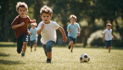 Wall Mural - children playing soccer in the field on a sunny day created with Generative AI technology