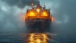 Cargo éclairé dans la brume : Navigation paisible par faible visibilité