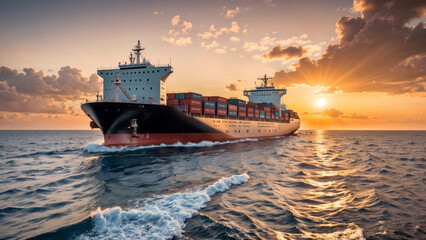 Wall Mural - Seascape with container ship on sunset background. AI