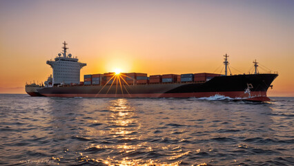 Sticker - Seascape with container ship on sunset background. AI