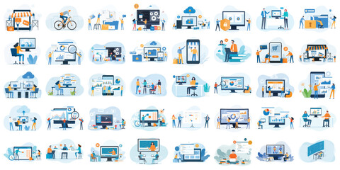 Poster - set business flat  vector illustration design style concept. for graphic and web page banners. cartoon character design. team online video conference meeting. business planning. data analytics 
