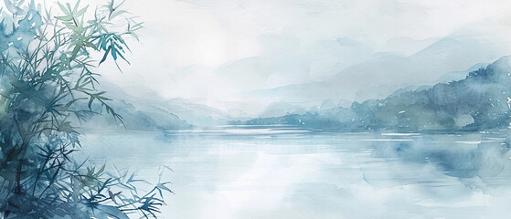 Wall Mural - A Faint Watercolor Painting Lakeside Banner With Space for Print