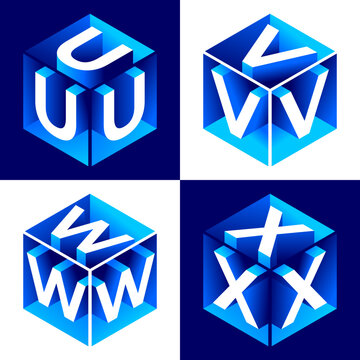 Isometric alphabet. 3d bold uppercase latin letters and numbers, geometric futuristic typography, cubic straight block english font different angles, simple abc isometry collection vector isolated set