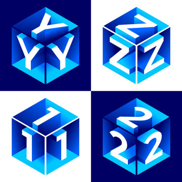 Isometric alphabet. 3d bold uppercase latin letters and numbers, geometric futuristic typography, cubic straight block english font different angles, simple abc isometry collection vector isolated set