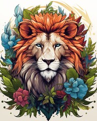 Wall Mural - Lion face in a circle with floral patterns and vibrant colors, suitable for t-shirt design, 2D game art, or exotic-themed projects, isolated on white background