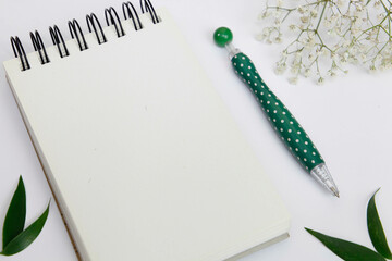 Notebook and pen, top view, empty space for text entry
