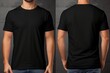 © Ameer - Modern plain black t-shirt mockup template in photo studio setting with male model - front and back views, stylish apparel mockup for fashion brand presentation