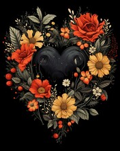 Black T-shirt With Colorful Plants And Flowers Forming A Heart Shape Design