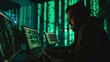 A lone hacker typing code in a dimly lit room, lines of green text cascading down the screen, a cyber warrior fighting for freedom in the digital world.