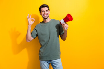 Poster - Photo of toothy beaming man with bristle dressed khaki t-shirt holding megaphone show okey good work isolated on yellow color background