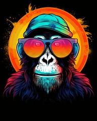 Wall Mural - Retro style monkey with sunglasses, vector illustration for t-shirt design, neon colors on black background
