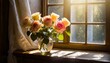 Roses in a Vase on a Window Sill: Sunlight streaming through a window illuminating a vase of roses.