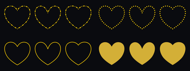 Wall Mural - gold heart outlines – collection of golden heart frames – set of flat gold hearts – decorative symbo