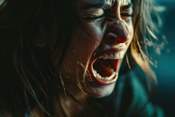 Wall Mural - A person with a mental health condition, screaming, facial distort, Woman Shouting, Intense Emotion in Profile View, Vocal Expression of Passion