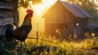 Beautiful scene of the countryside with dew on the grass and a rooster crowing. Created with Generative Ai technology.