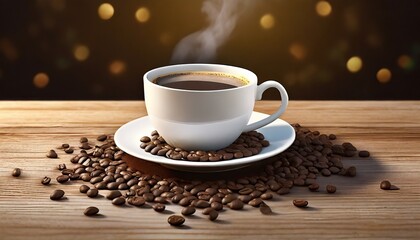 mug of hot coffee with beans in a plate on the table