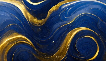 Wall Mural -  illustration of liquid swirls in beautiful navy blue colors with gold powder luxurious design wallpaper oil paint