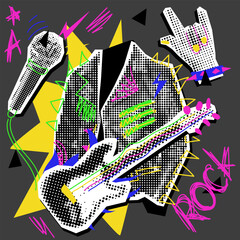 Wall Mural - Rocker jacket, guitar, microphone, hand, collage in grunge pop-art rock style. Black, white picture with colored inserts. Execution looks like a clipping from a magazine. Bright doodles, black dots