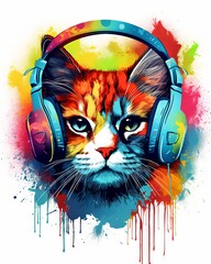 Sticker - Psychedelic t-shirt design of a colorful cat listening to music on a white background