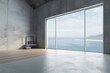 Minimalist room featuring diagonal ocean view, rough industrial floor - versatile interior template. Generative AI