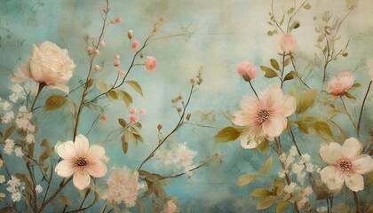 Wall Mural - vintage photo wallpaper which depicts branches with flowers with worn elements