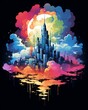 Colorful and abstract vector art of city skyline with clouds for t-shirt design and 2d game art