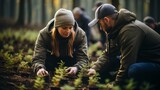 Fototapeta  - A group of volunteers is planting trees in forests and meadows to restore nature. Concept: the activities of eco-activists to restore vegetation
