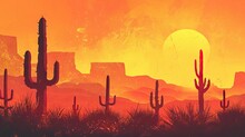 Sunset In Western Desert With Cactuses And Mountains Silhouettes, Red Sky And Sun - AI Generated Abstract Art