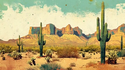 Wall Mural - vintage Arizona desert with cactus - AI Generated Abstract Art