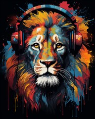 Wall Mural - Colorful and maximalist t-shirt design featuring a lion with headphones