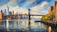 Oil Painting On Canvas View Of New York River And Bridge Modern Abstract Artwork Painting American City Urban Illustration