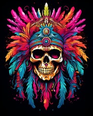 Wall Mural - Psychedelic t-shirt design with a colorful skull and feathers, digital art in vivid colors