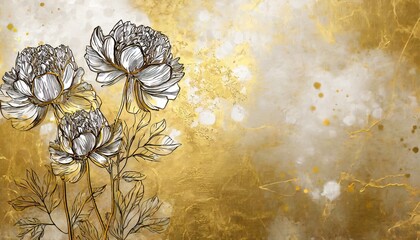 Wall Mural - drawn contour flowers peonies on a textured background with golden elements and stains wall mural
