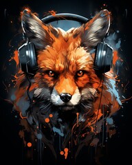 Sticker - T-shirt design featuring a furry fox with headphones listening to music, digital art in high definition