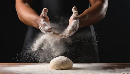 man s hands are all in flour and they are kneading a ball of dough that is pressed and the flour rises into the air creating a cinematicscene on a black background