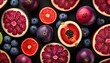 beautiful texture of halved red and purple fruit on black background  creative surface