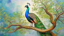 Art Painted Peacock Sitting On A Branch Among Texture Background Photo Wallpaper
