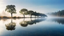 Trees Reflection At Lake Foggy Morning