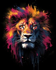 Poster - Airbrushed t-shirt design of a majestic lion with colorful paint splashes