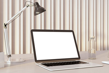 Poster - Laptop on desk with lamp and glass bottle, minimalist design in bright interior. 3D Rendering