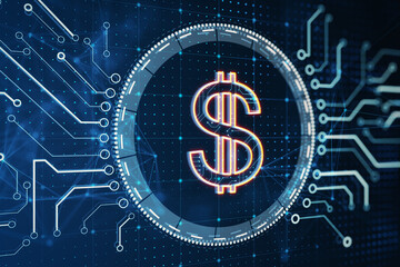 Poster - Neon dollar sign with circuit and blockchain elements. Global economy and digital finance concept. 3D Rendering