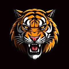 Wall Mural - Fierce tiger head with glowing eyes and sharp teeth as a mascot logo for E-sport teams and gamers. Vector illustration of a tiger face on a black t-shirt.