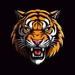 Sticker - Fierce tiger head with glowing eyes and sharp teeth as a mascot logo for E-sport teams and gamers. Vector illustration of a tiger face on a black t-shirt.