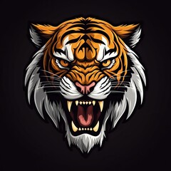Wall Mural - Fierce tiger head with glowing eyes and sharp teeth as a mascot logo for E-sport teams and gamers. Vector illustration of a tiger face on a black t-shirt.