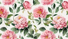 Seamless Floral Watercolor Pattern With Garden Pink Flowers Roses Peonies Leaves Branches Botanic Tile Background