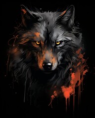 Wall Mural - Fierce wolf painting on black t-shirt background - unique furry art design for apparel - striking wildlife illustration in high resolution