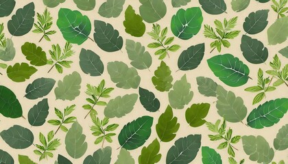 Wall Mural - various green leaves on a beige background widefoliage textured pattern for backdrops